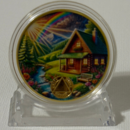 Sobriety Coin with Rainbow Cabin Scene
