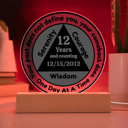 Circular LED sobriety date plaque with wooden base; glowing rim, reads 12 Years Wisdom