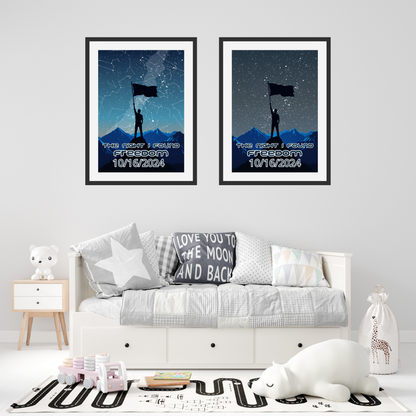 Pair of framed night-sky sobriety date prints with silhouettes and date 10/16/2024