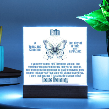 Butterfly LED sobriety plaque with wood base, cool blue glow, name Erin