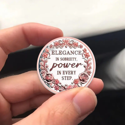 Sobriety coin with floral roses and 'Elegance in sobriety' quote