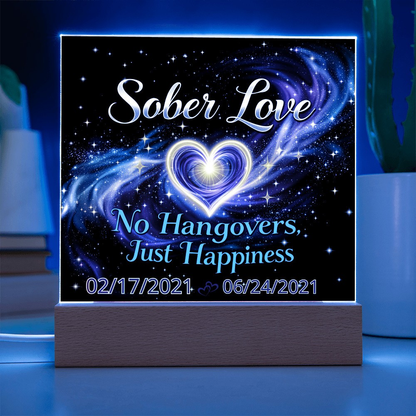 LED sobriety date sign with starry galaxy design and glowing heart on wood base