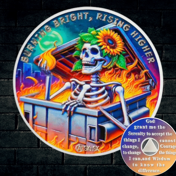 Colorful Burning Bright coin with flaming skeleton and sunflower, text border visible