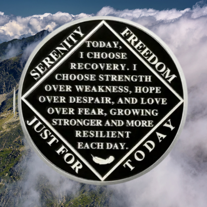 Recovery sobriety coin with black face, Serenity Today message and geometric heart design