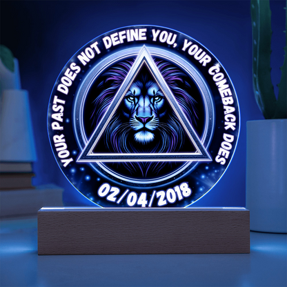 Personalized LED circle plaque with blue glow lion portrait in triangular frame and date 02/04/2018