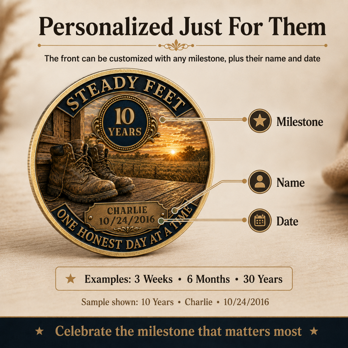 Gold-toned Steady Feet 10 years coin with boots sunset scene; milestone, name, date layout