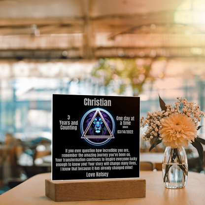Square LED plaque on wood base with Christian triangle lion design and Love Kelsey