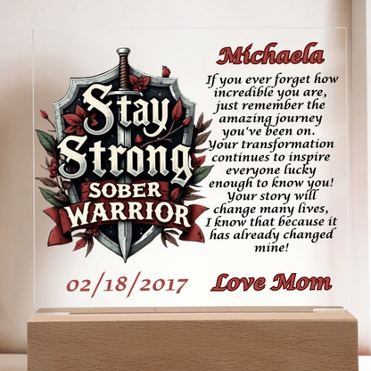 Personalized LED plaque with shield design, name Michaela, date 02/18/2017, Love Mom