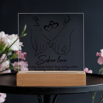 Sober love LED plaque with hands-and-heart line art and “Sober love” on wood base