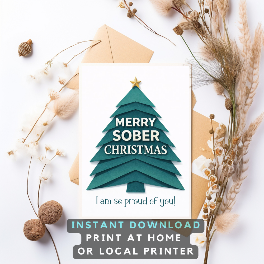 Teal Christmas greeting card with gold star tree; instant download print-at-home overlay.