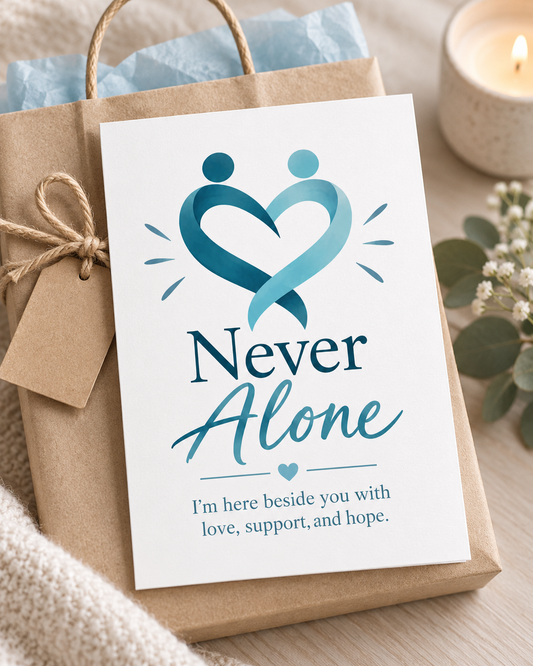Never Alone encouragement card with heart-and-sunburst graphic and supportive message