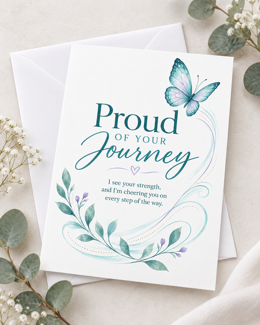 Encouragement card with blue butterfly, floral wreath, and teal inspirational lettering