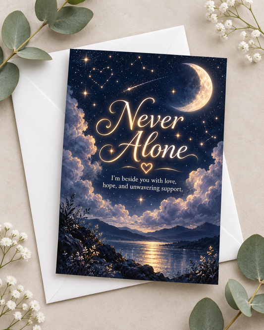 Encouragement card with night-sky landscape, heart lights, and gold “Never Alone” text