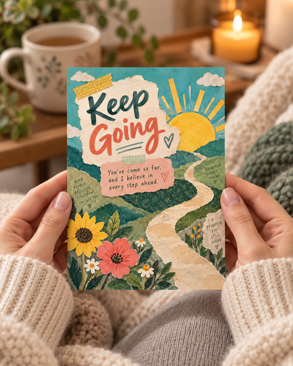 Hands holding floral encouragement card with 'Keep Going' sunrise and winding path