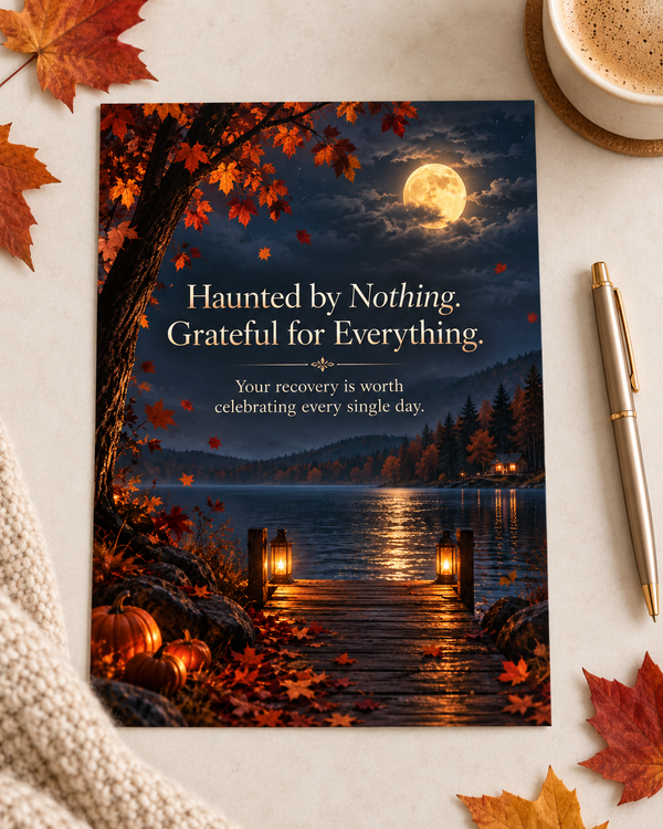 Recovery card on flat surface with moonlit lake walkway, orange leaves, and gratitude quote.