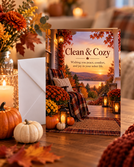 Autumn recovery card titled 'Clean & Cozy' with porch scene, shown in open envelope