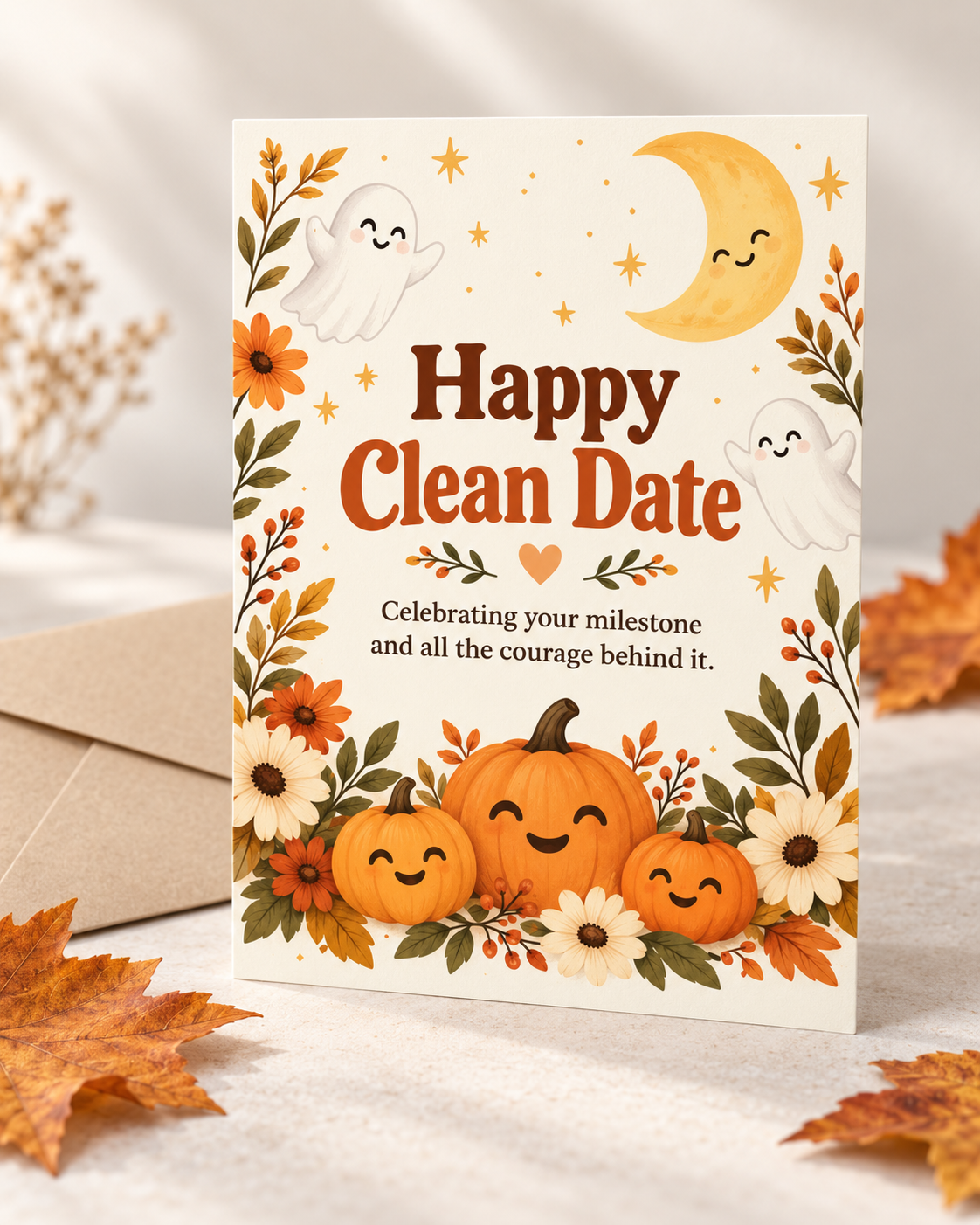 Happy Clean Date (Pumpkins & Flowers) – Free Printable & Digital Recovery Card