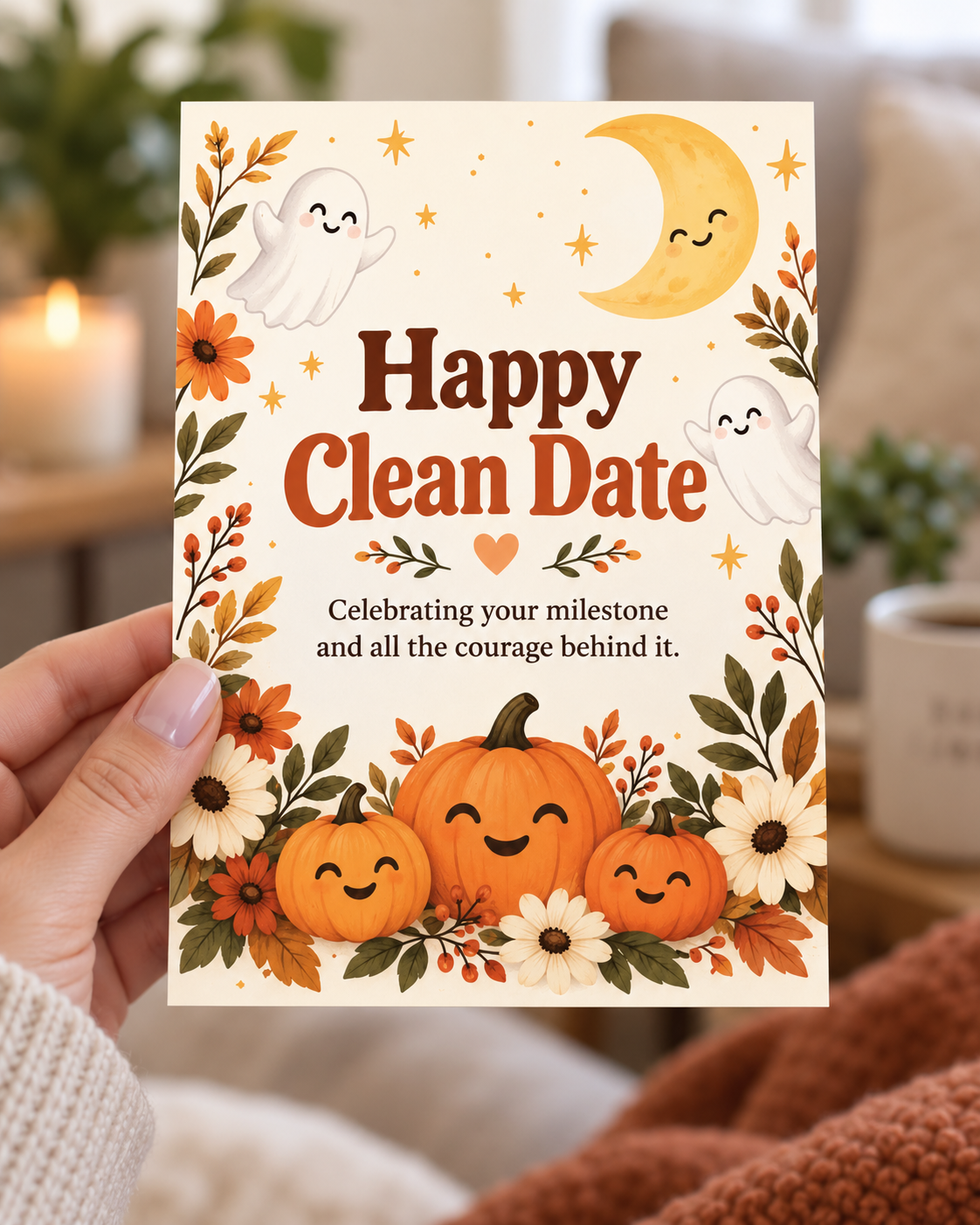 Happy Clean Date (Pumpkins & Flowers) – Free Printable & Digital Recovery Card