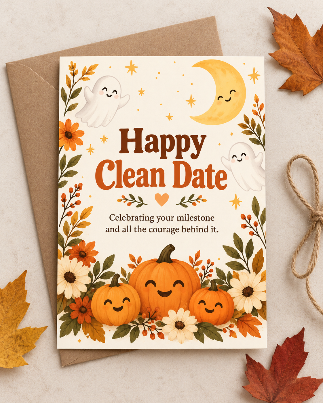 Happy Clean Date (Pumpkins & Flowers) – Free Printable & Digital Recovery Card
