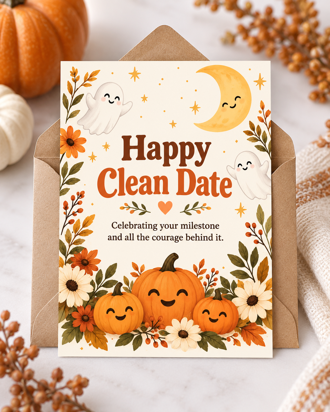 Happy Clean Date (Pumpkins & Flowers) – Free Printable & Digital Recovery Card