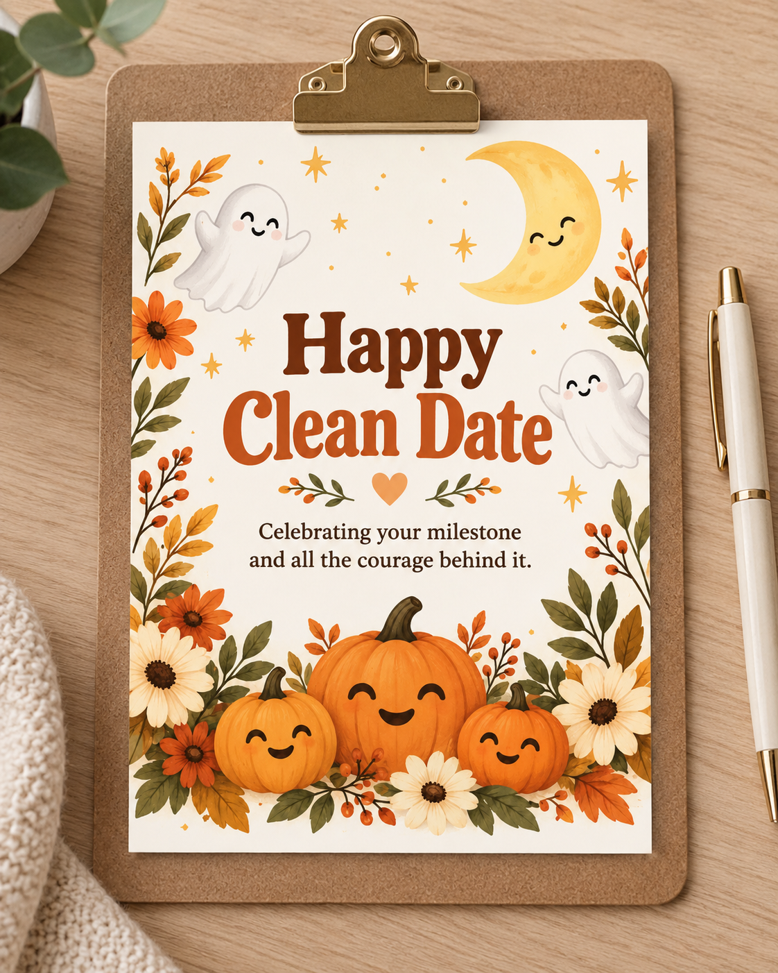 Happy Clean Date (Pumpkins & Flowers) – Free Printable & Digital Recovery Card