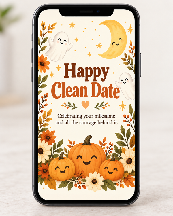 Happy Clean Date digital greeting card on smartphone, pumpkins, flowers, moon, and ghost