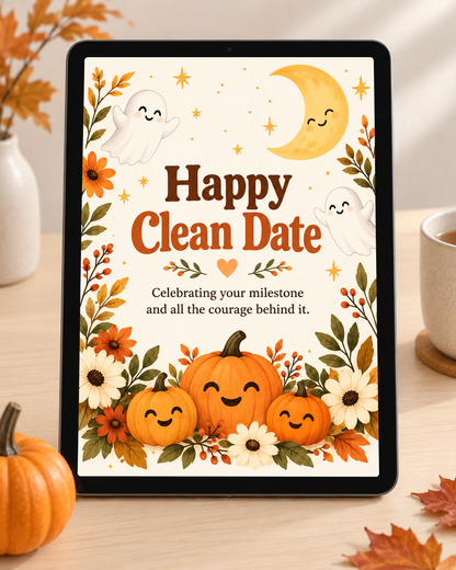 Happy Clean Date (Pumpkins & Flowers) – Free Printable & Digital Recovery Card