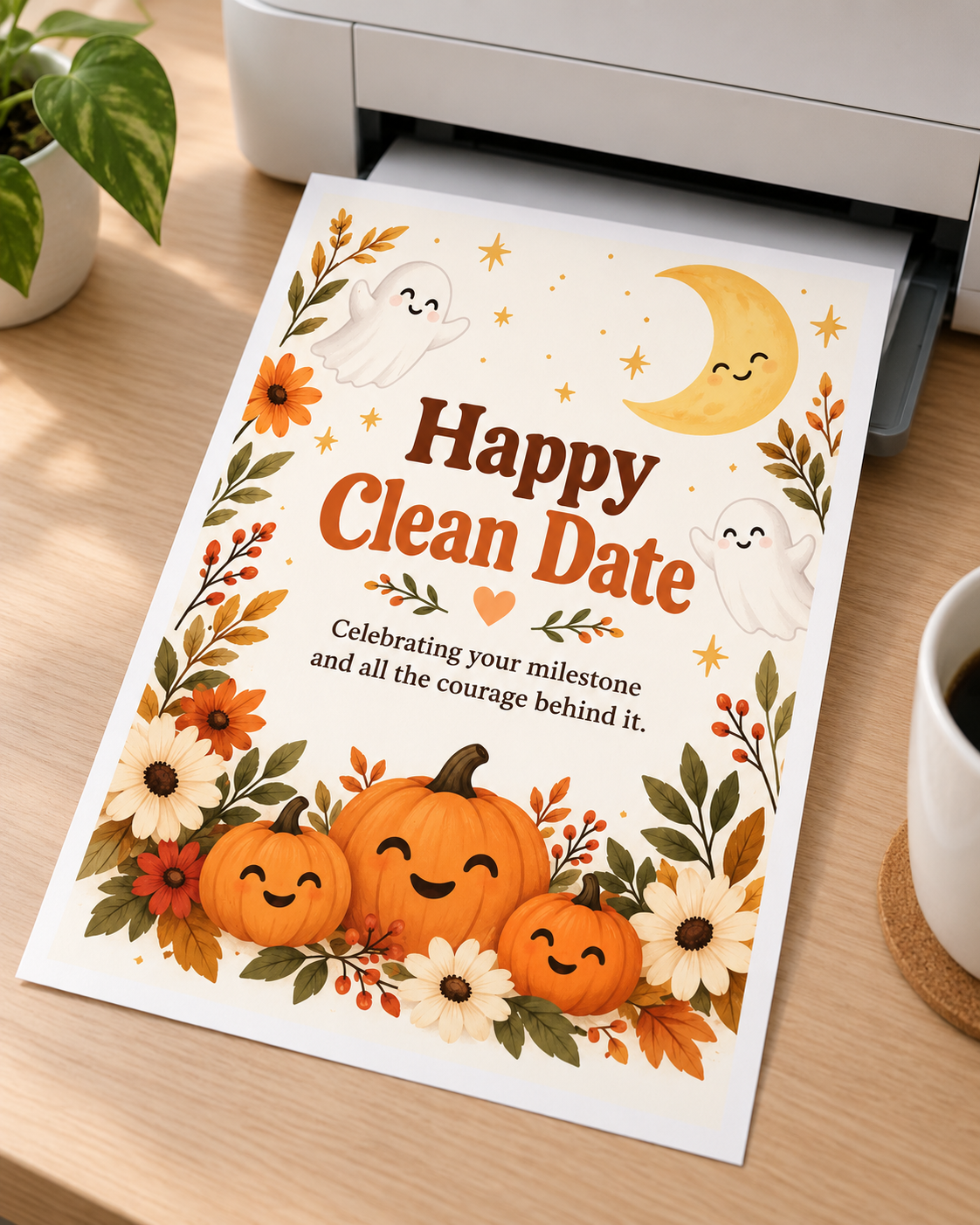 Happy Clean Date (Pumpkins & Flowers) – Free Printable & Digital Recovery Card