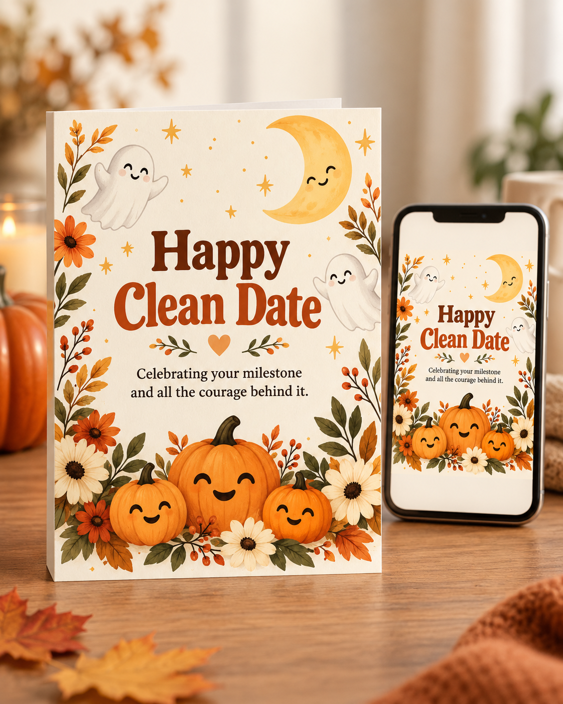 Happy Clean Date (Pumpkins & Flowers) – Free Printable & Digital Recovery Card