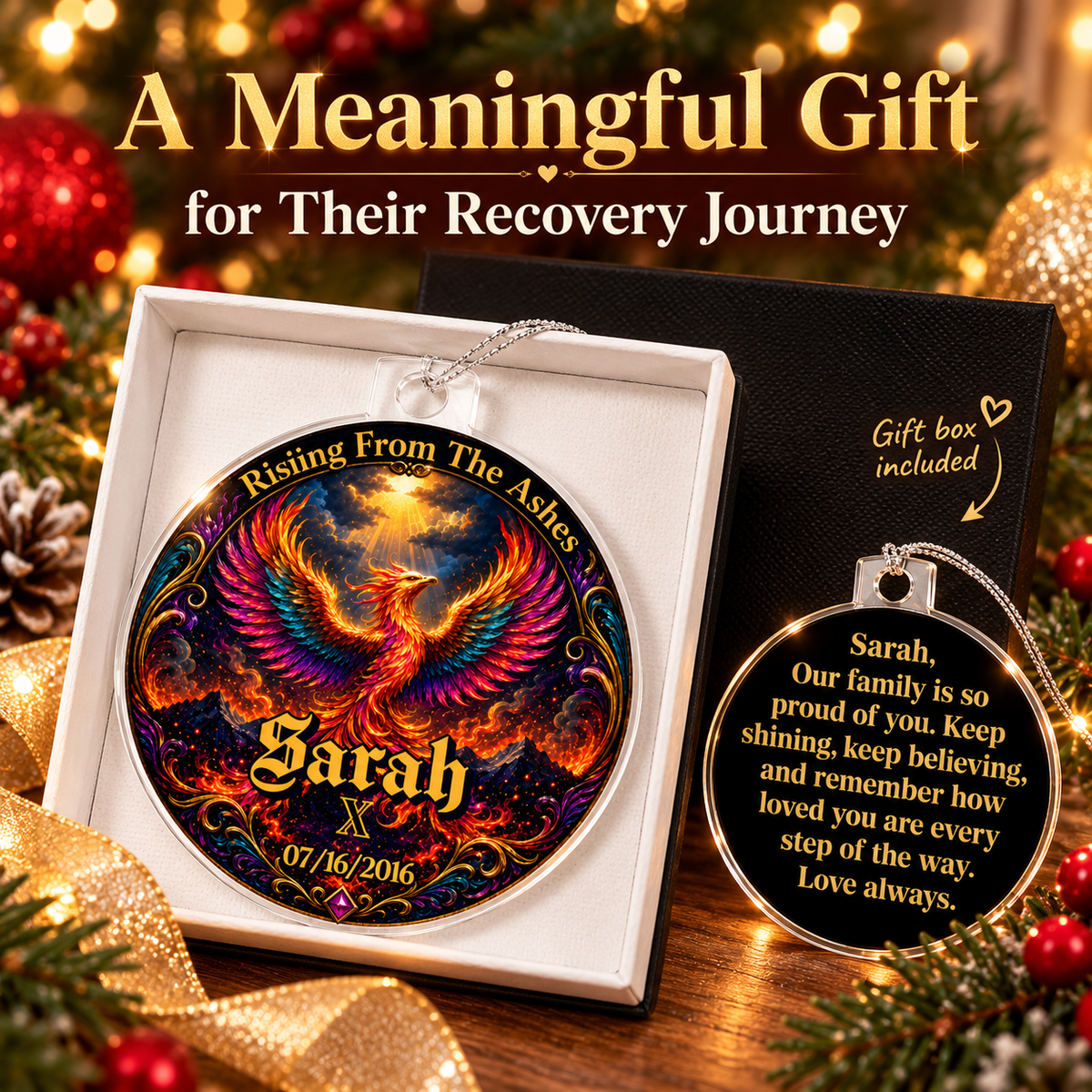 Phoenix acrylic ornament gift set with Sarah name and date 07/16/2016 in open box