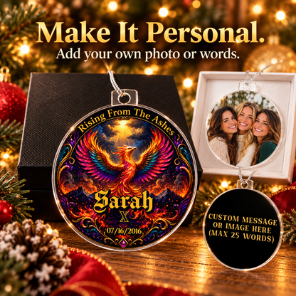 Phoenix ornament with gift box, photo circle, and black custom-message pendant (MAX 25 WORDS)