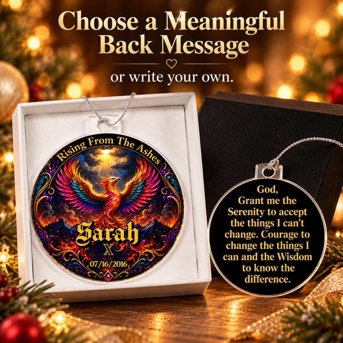 Acrylic phoenix ornament in gift box plus gold custom message pendant with text