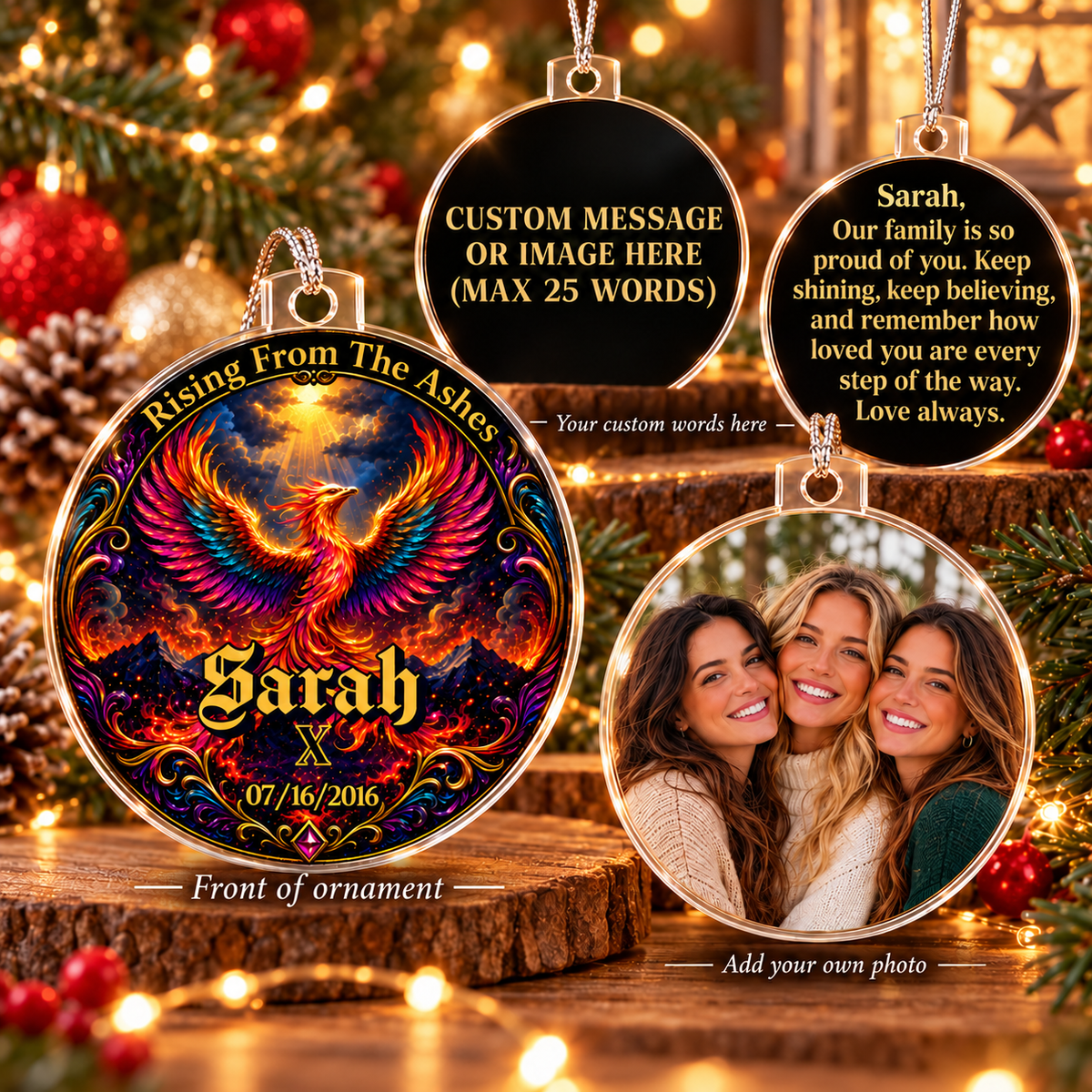 Two personalized ornaments: phoenix design with Sarah name and custom photo space
