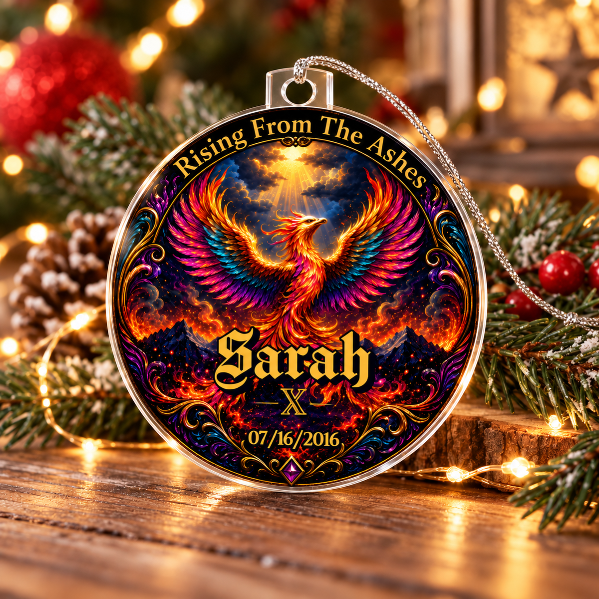 Round acrylic phoenix ornament with rainbow wings and name Sarah, date 07/16/2016