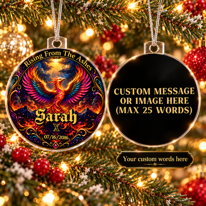 Phoenix acrylic ornament with Sarah plus black custom-message pendant reading MAX 25 WORDS