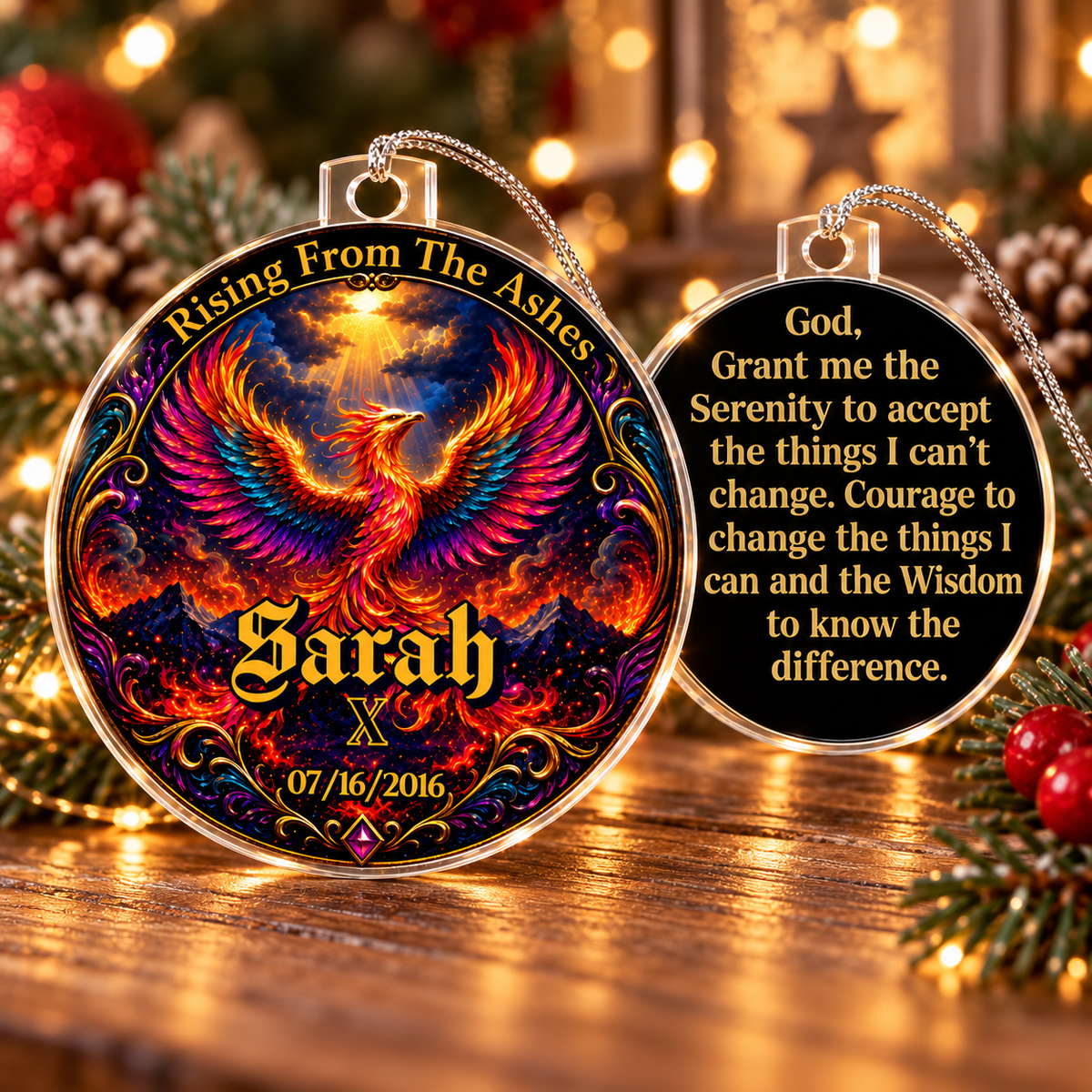 Two circular acrylic ornaments with phoenix artwork and custom prayer message, hanging