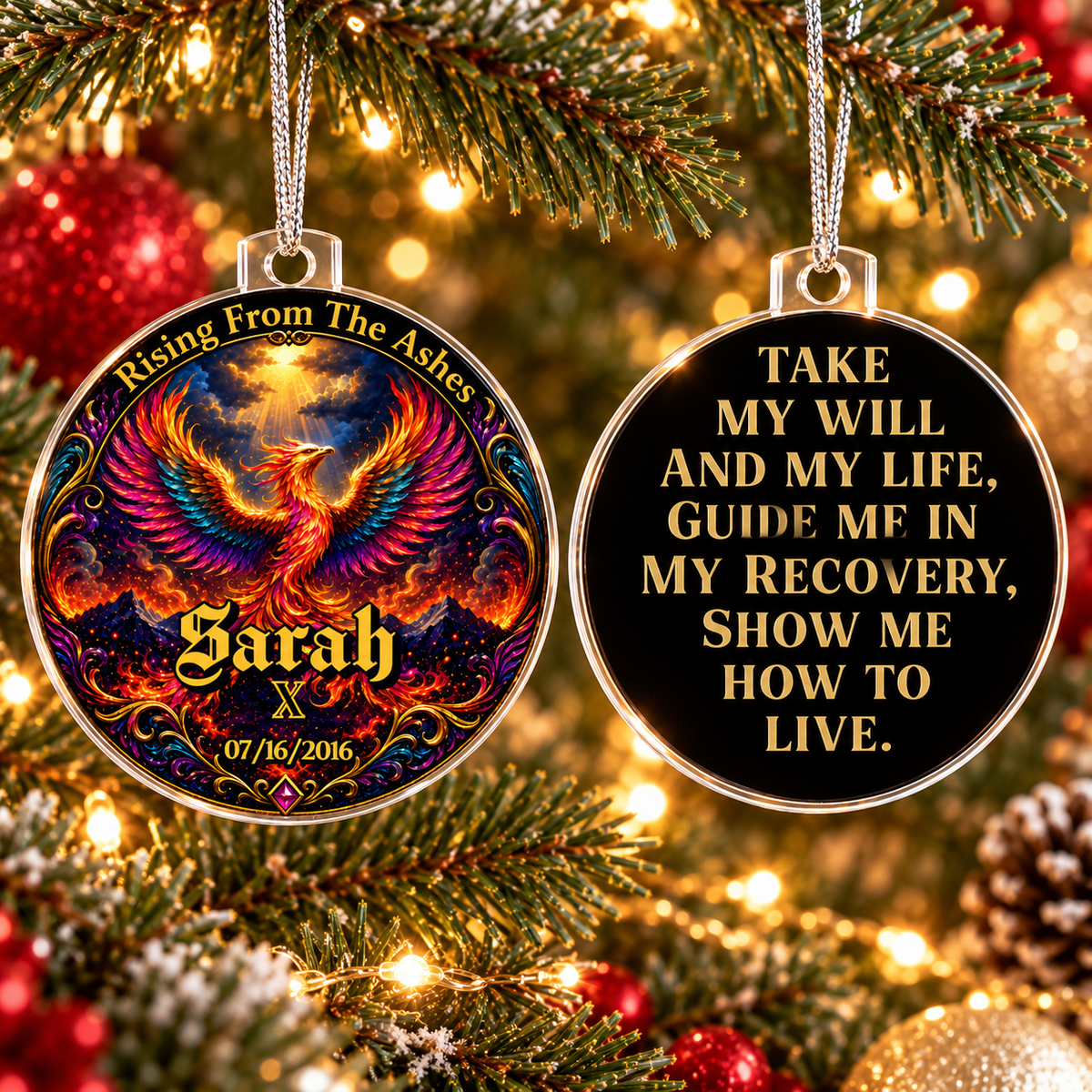 Hanging phoenix ornament and black message pendant reading TAKE MY WILL AND MY LIFE