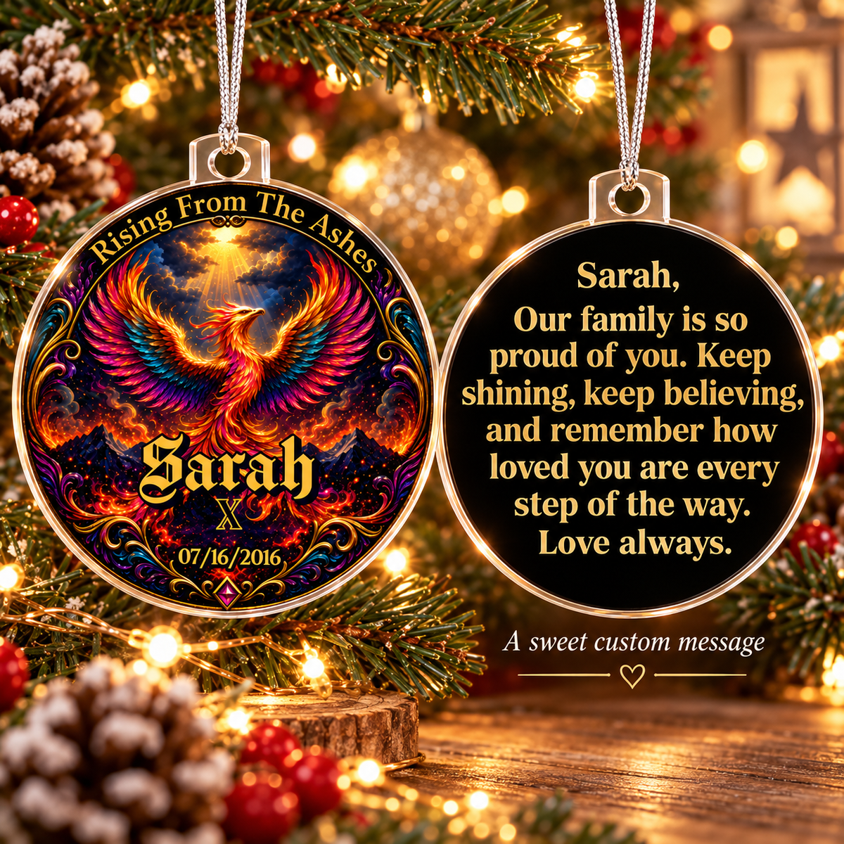 Phoenix acrylic ornament and Sarah message ornament hanging on Christmas tree