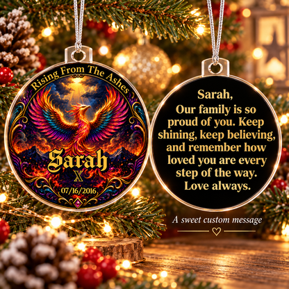 Phoenix acrylic ornament and Sarah message ornament hanging on Christmas tree