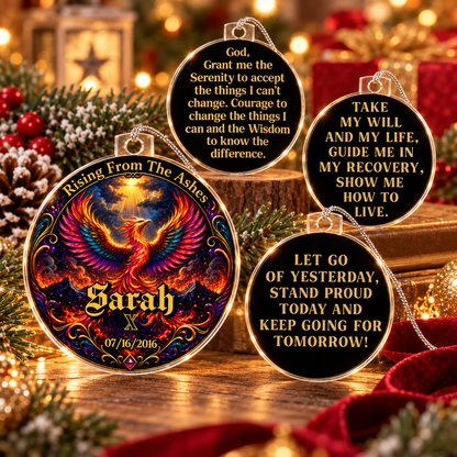 Four round acrylic recovery ornaments with Sarah and message pendants, God grant serenity