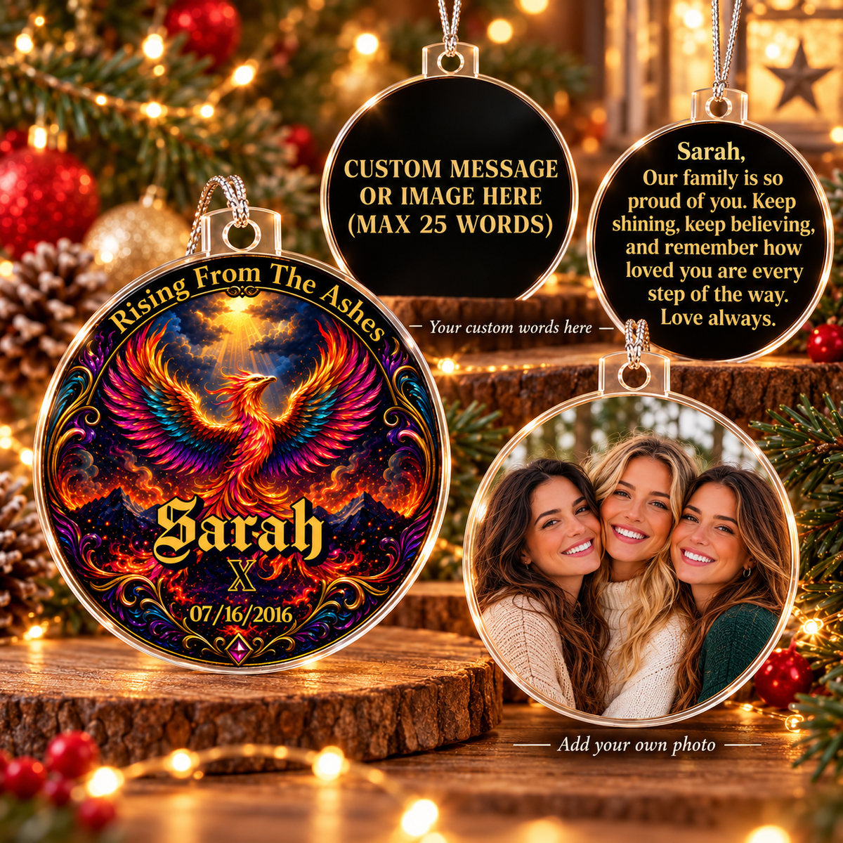 Set of round phoenix and custom message acrylic ornaments with Sarah and photo frame