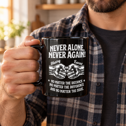 Black friendship mug held by its handle, with personalized names and recovery text