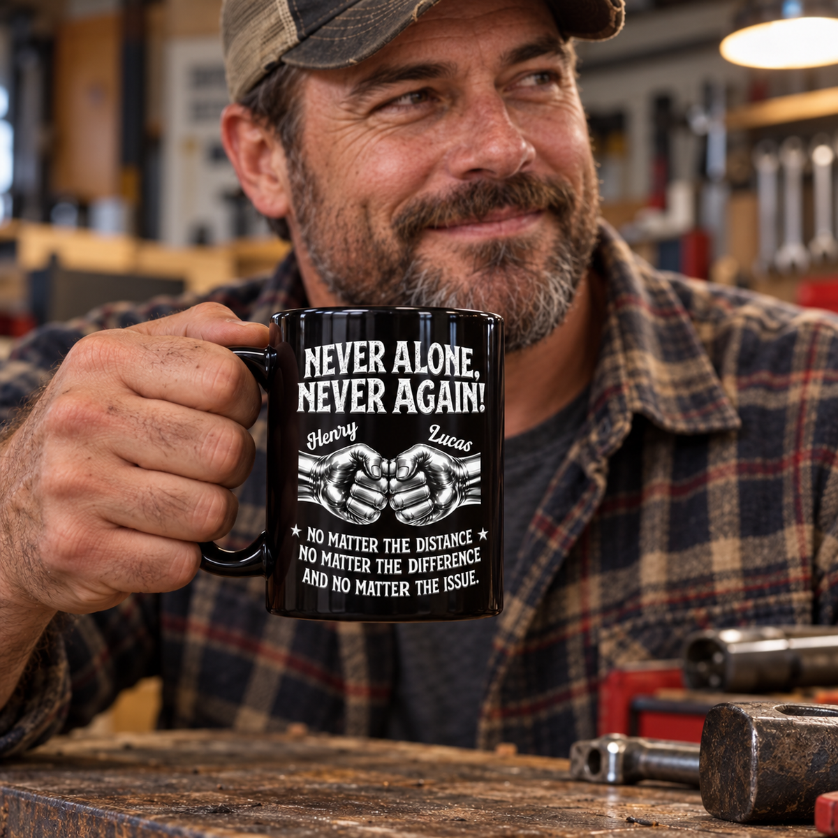 Personalized black recovery mug held in hand, featuring fist-bump artwork