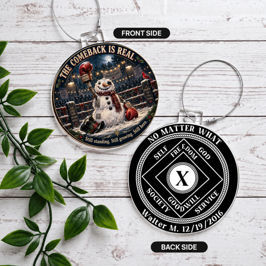 Two-sided round acrylic ornament set with silver chains: front snowman and back emblem