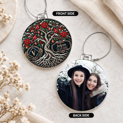 Pair of round acrylic ornaments with Christmas front and portrait back, silver cords