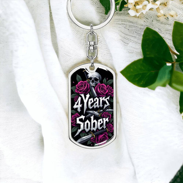 Silver dog tag swivel keychain with skull and purple rose “4 Years Sober” print