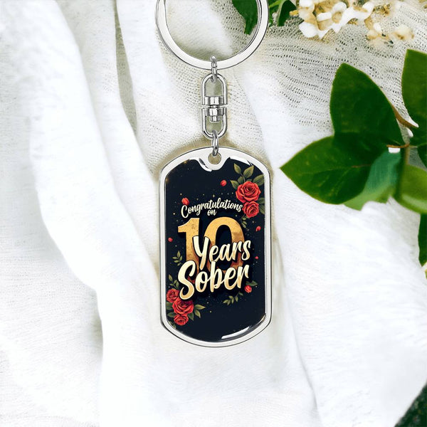 Dog tag keychain pendant in dark blue with roses and gold border