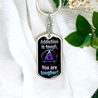 Silver dog tag swivel keychain with black enamel front design