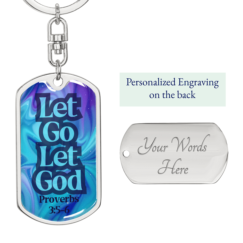 Silver dog tag keychain with blue front and engraved back reading “Your Words Here”