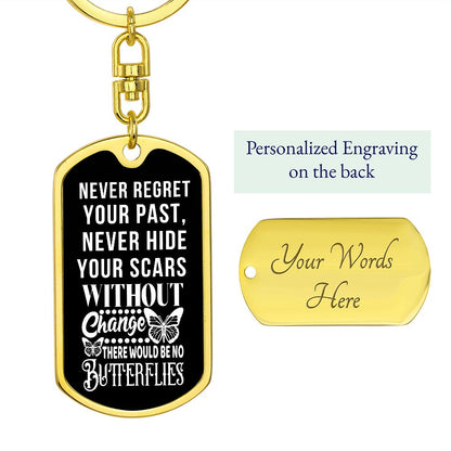Gold dog tag swivel keychain with motivational quote and engraved back: "Your Words Here"